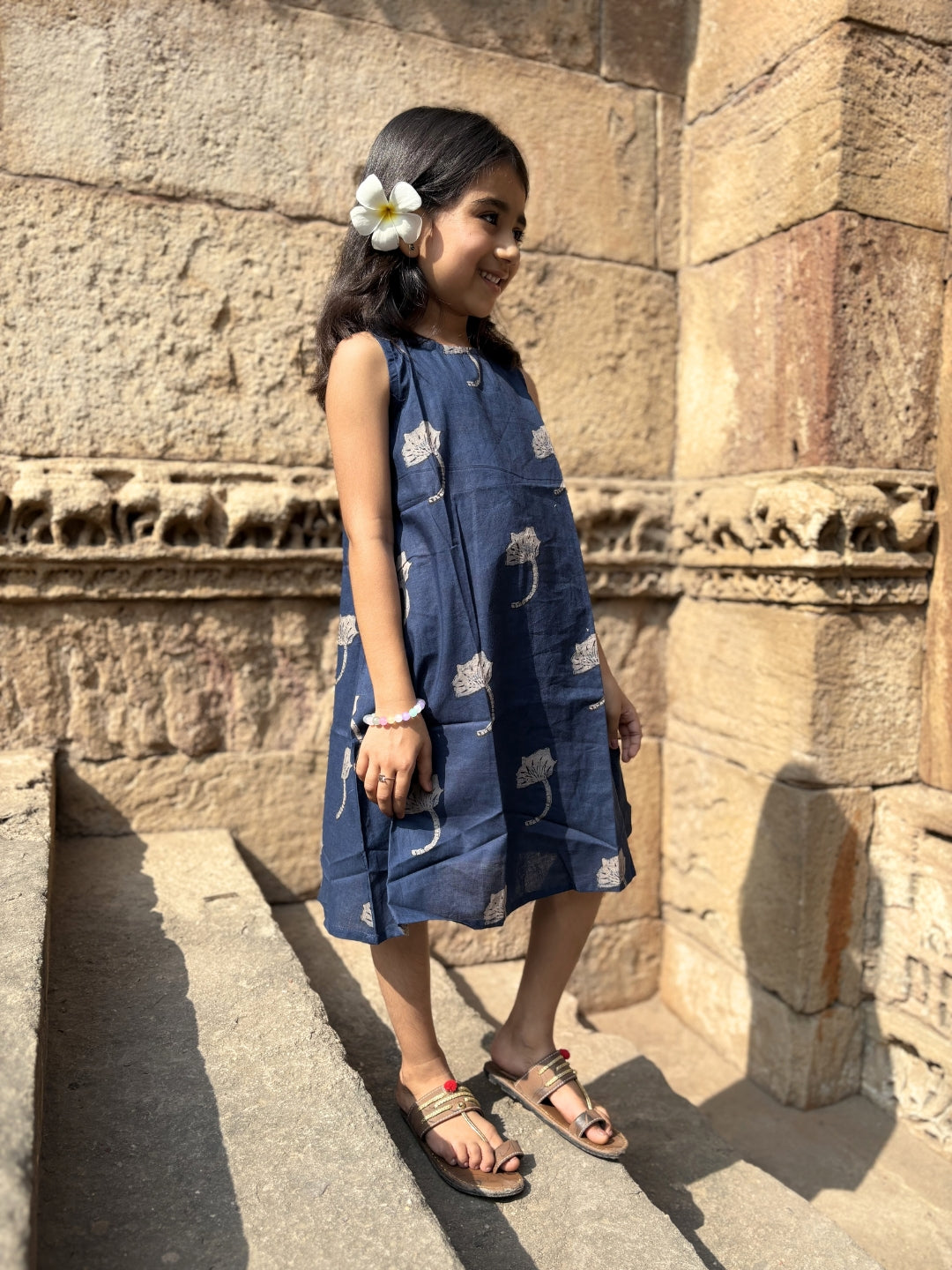 Navy Blue Printed A-Line Sleeveless Cotton Dress