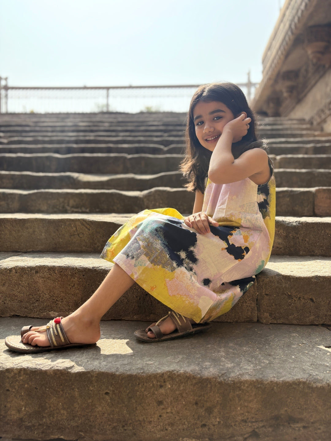 Multicolor Printed A-Line Sleeveless Cotton Dress