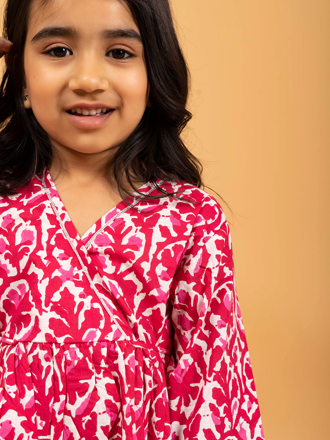 Kids Pink Printed Cotton Angrakha Dress