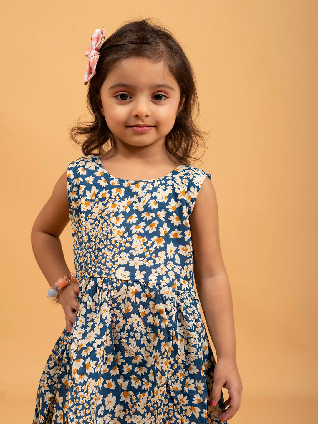 Kids Blue Floral Printed Sleeveless Cotton Dress