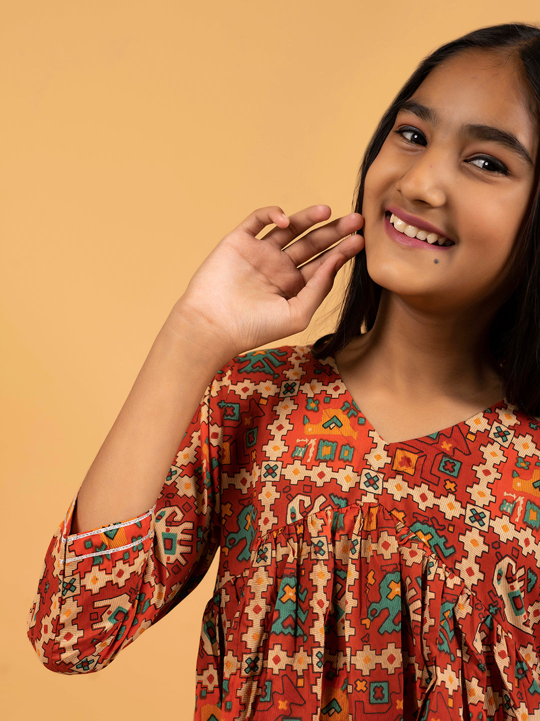 Kids Rust Printed Alia Cut Cotton Kurta Set
