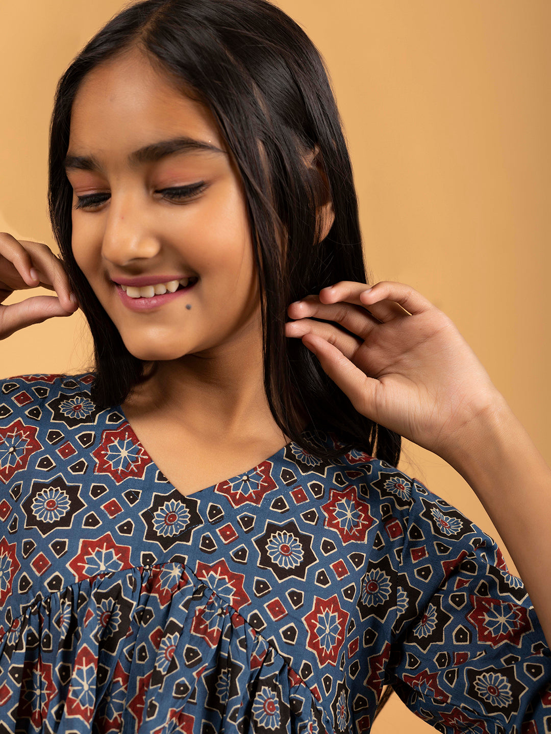 Kids Royal Blue Printed Alia Cut Cotton Kurta Set