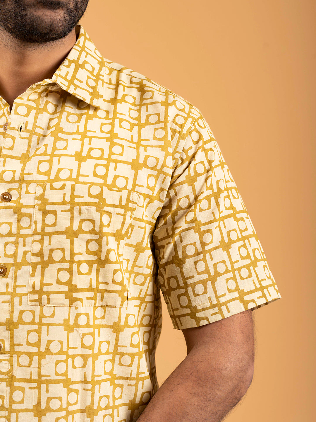 Mens Mustard Printed Half-Sleeve Shirt