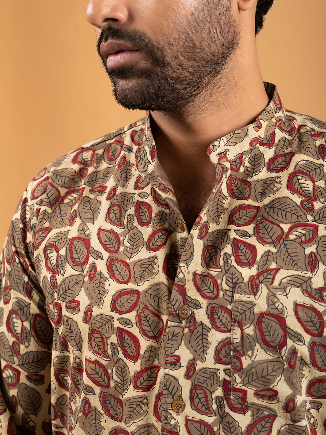 Mens Brown Printed Mandarin Collar Full-Sleeve Shirt