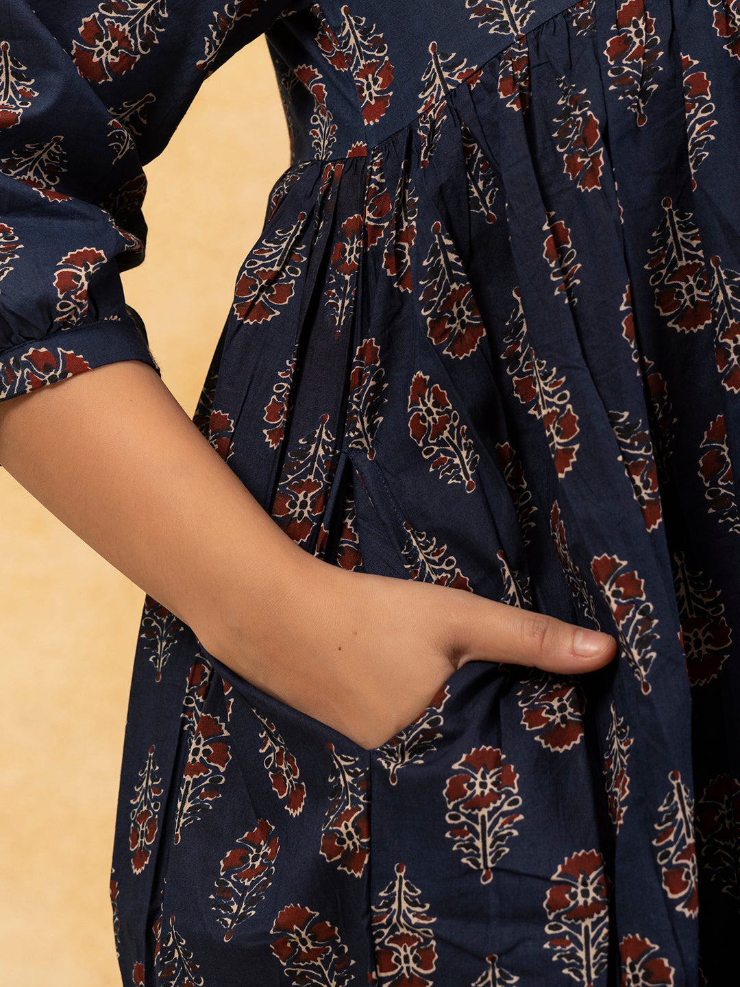 Navy Blue Printed Flared Cotton Dress