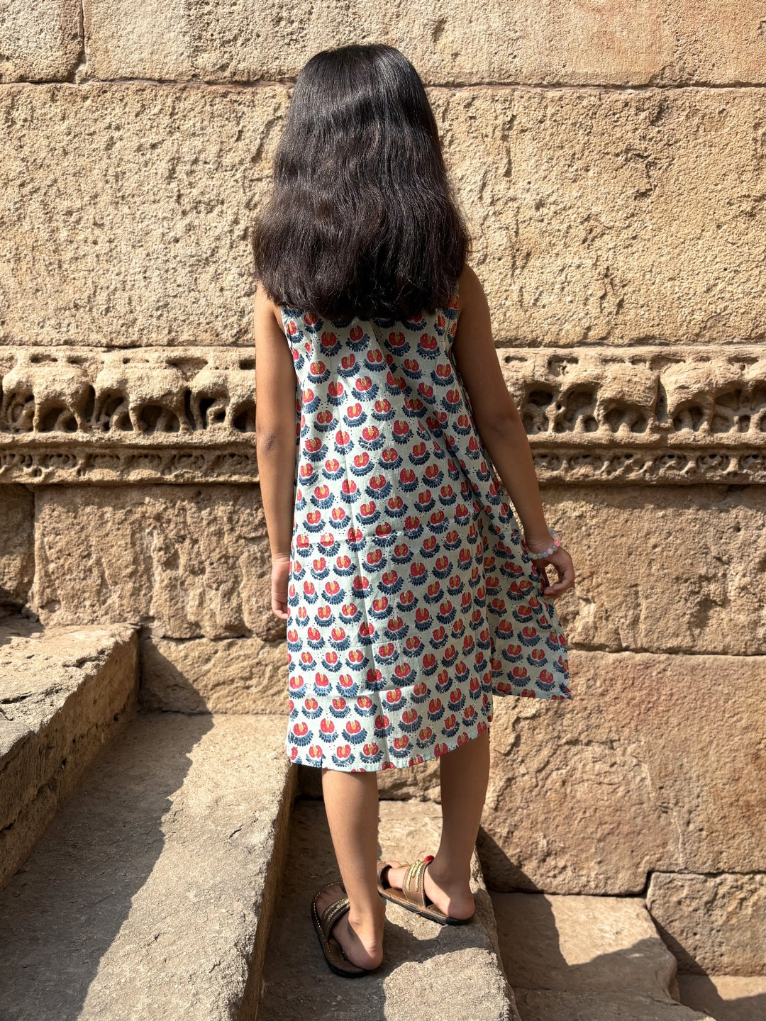 Sea Green Printed A-Line Sleeveless Cotton Dress