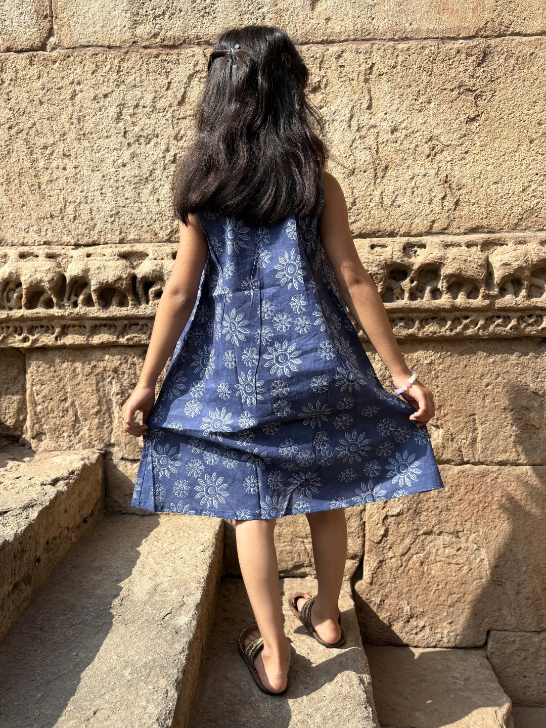 Blue Printed A-Line Sleeveless Cotton Dress