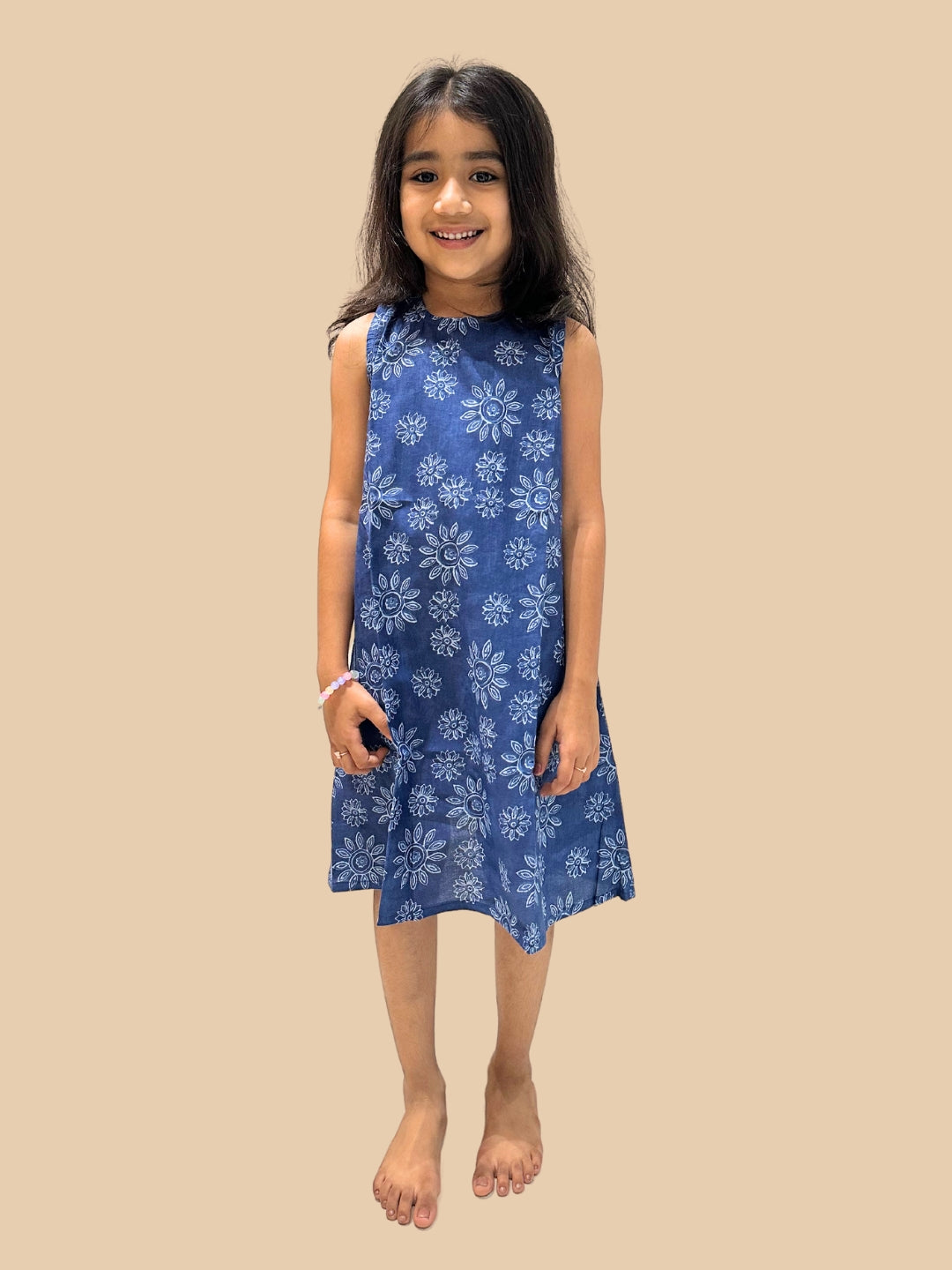 Blue Printed A-Line Sleeveless Cotton Dress