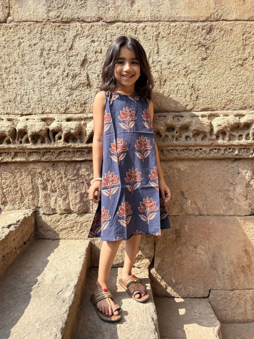 Navy Blue Printed A-Line Sleeveless Cotton Dress