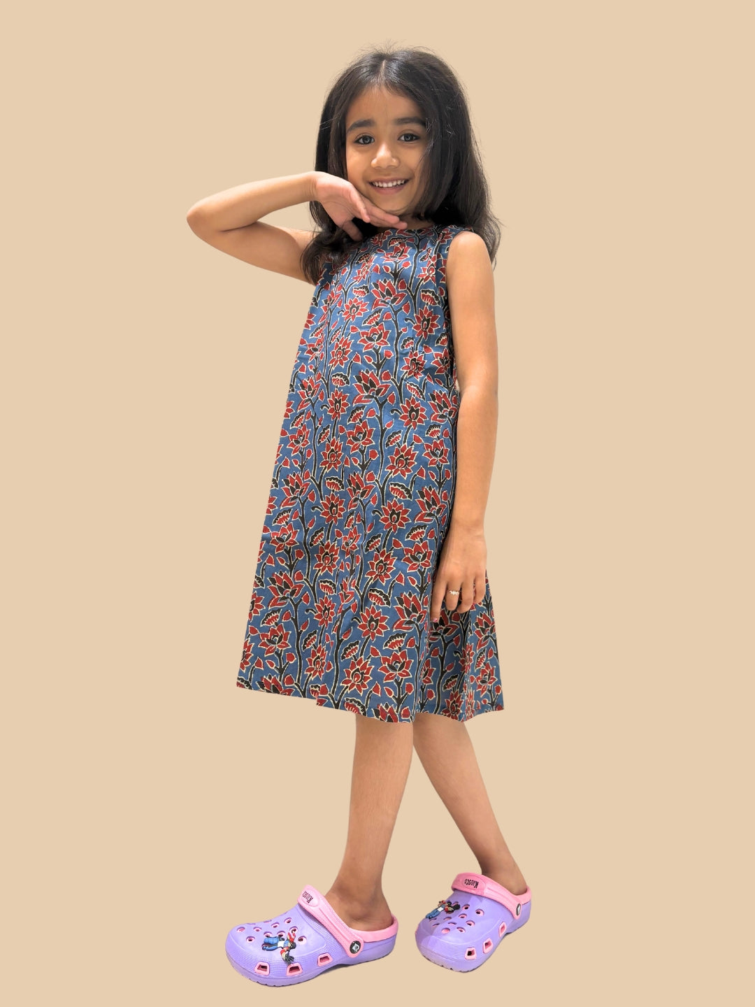 Blue Printed A-Line Sleeveless Cotton Dress