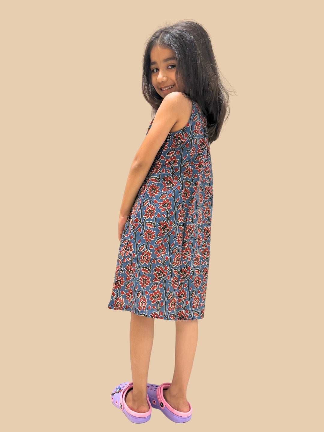 Blue Printed A-Line Sleeveless Cotton Dress