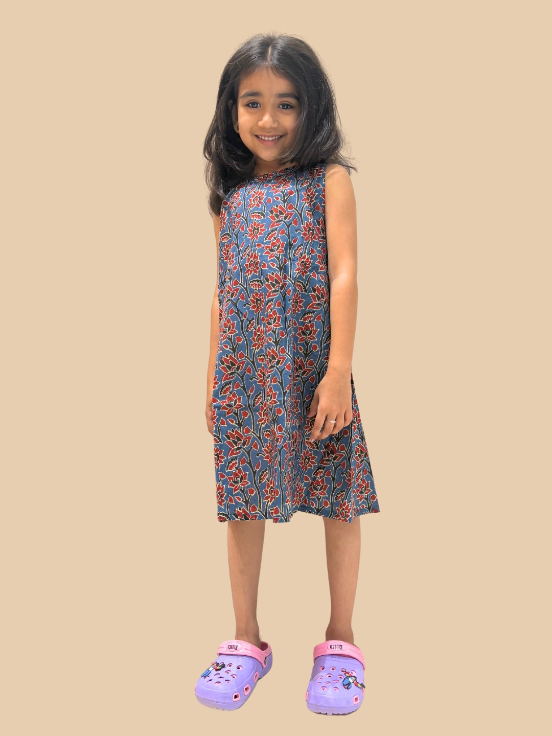 Blue Printed A-Line Sleeveless Cotton Dress