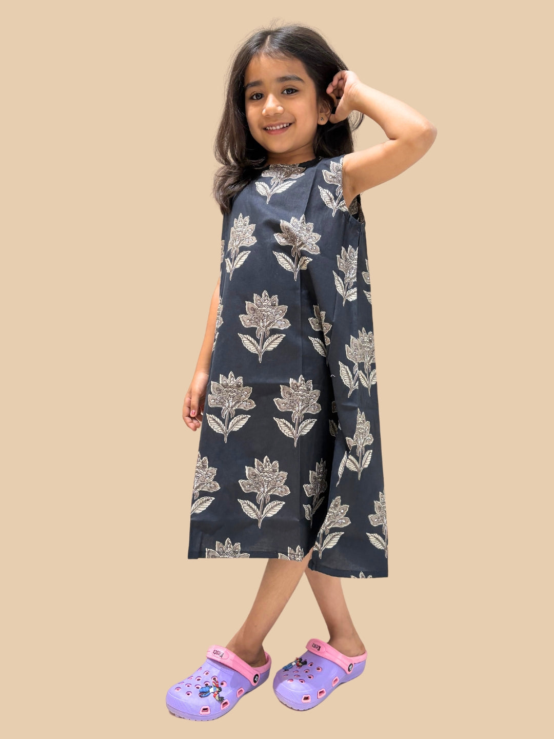 Black Printed A-Line Sleeveless Cotton Dress