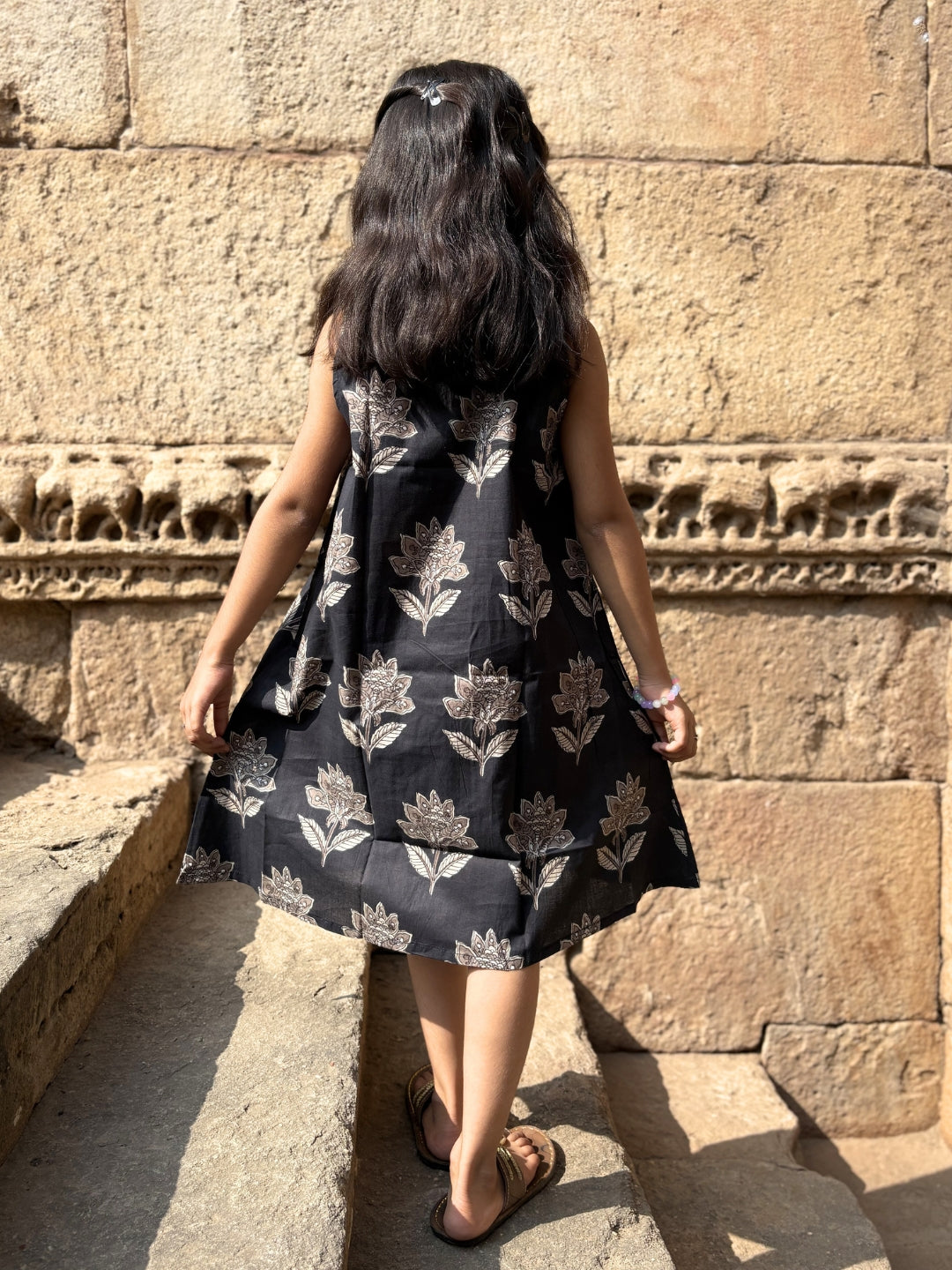 Black Printed A-Line Sleeveless Cotton Dress