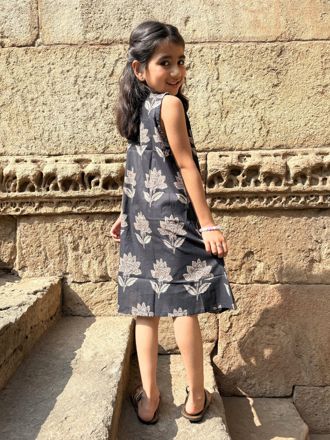 Black Printed A-Line Sleeveless Cotton Dress