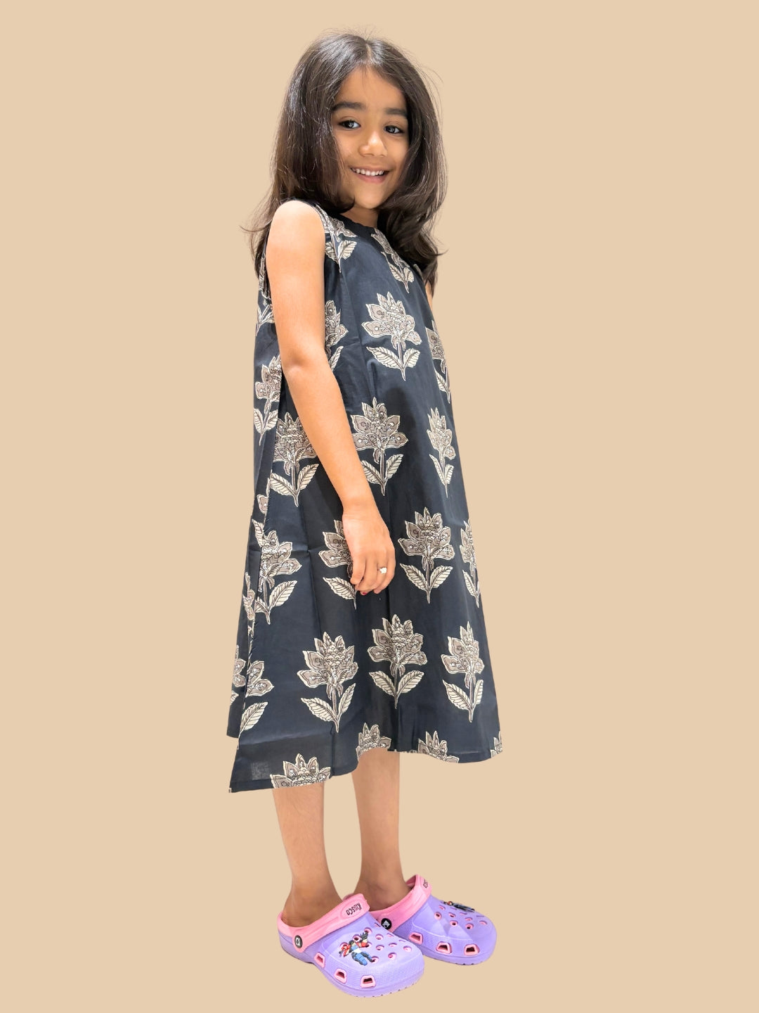 Black Printed A-Line Sleeveless Cotton Dress
