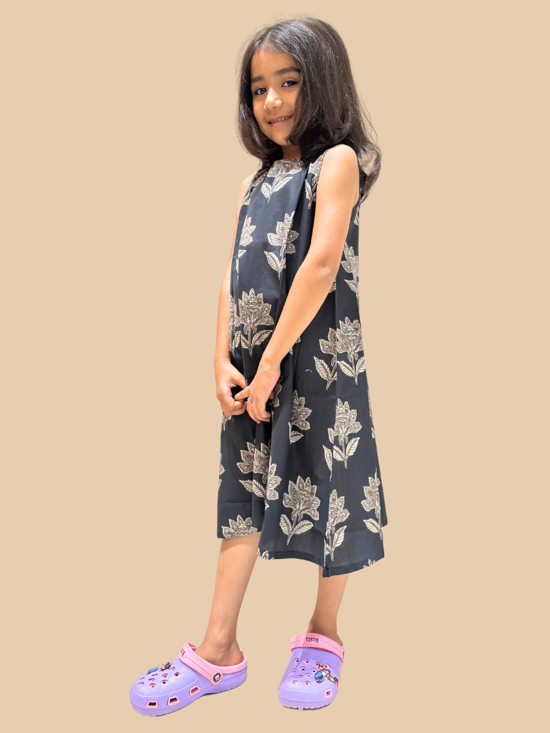Black Printed A-Line Sleeveless Cotton Dress