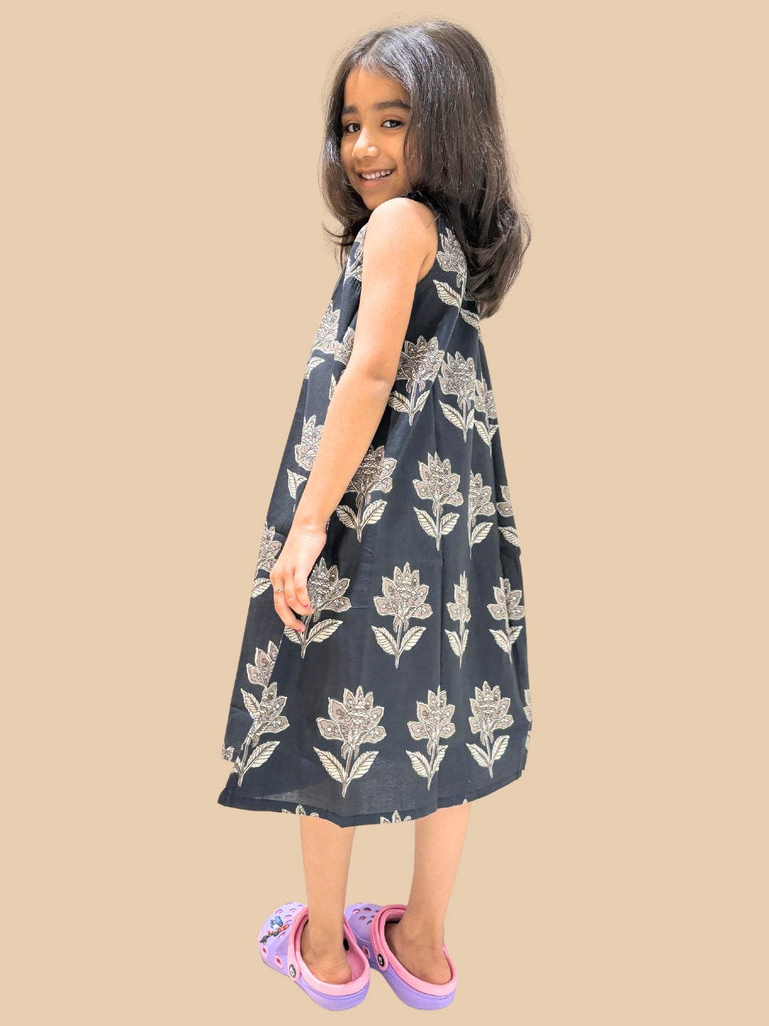 Black Printed A-Line Sleeveless Cotton Dress