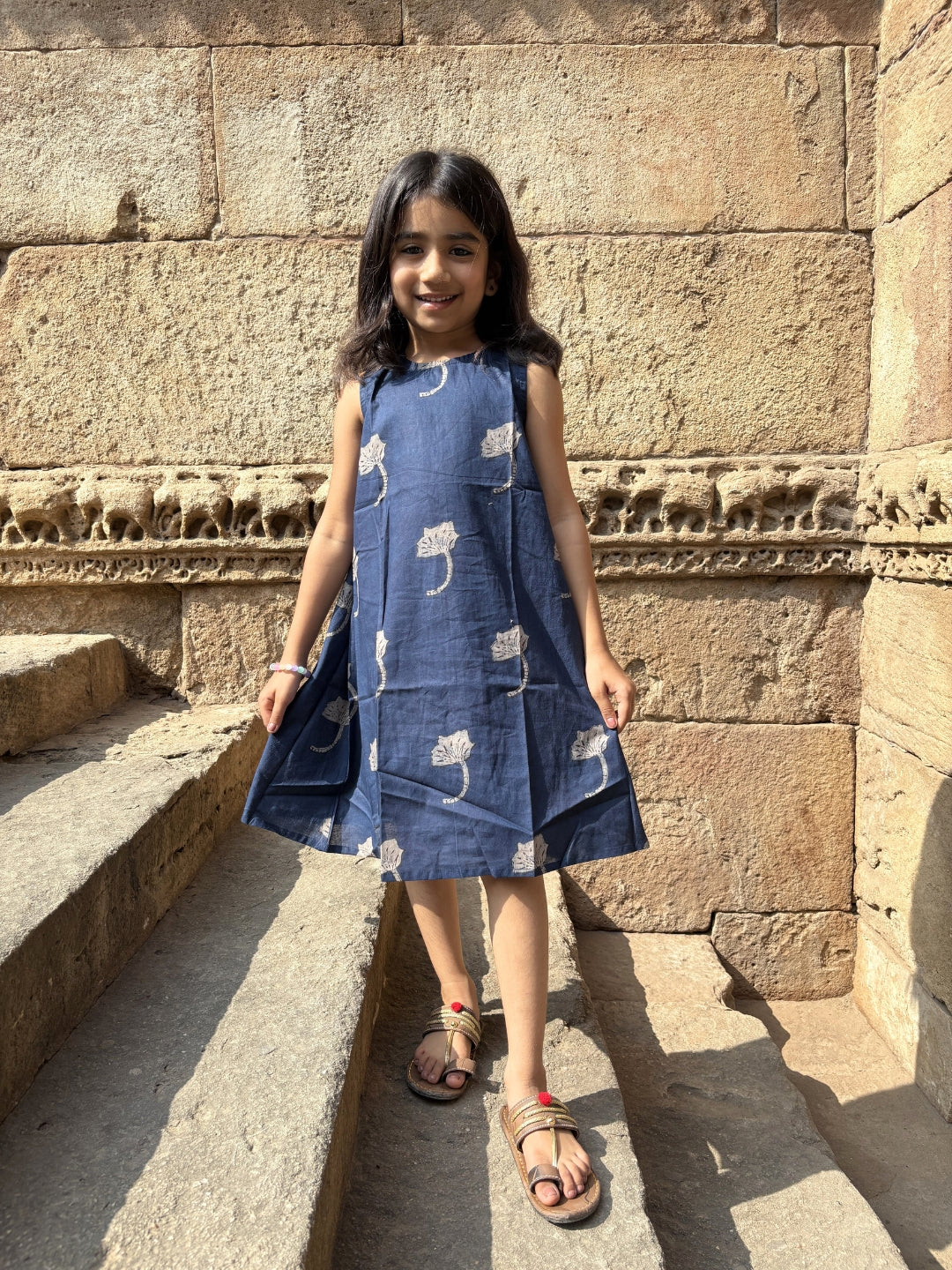 Navy Blue Printed A-Line Sleeveless Cotton Dress