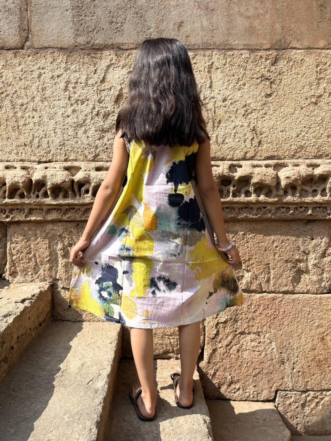 Multicolor Printed A-Line Sleeveless Cotton Dress