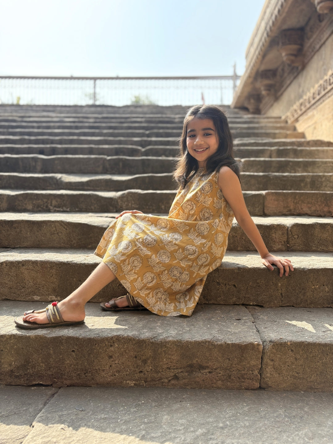 Mustard Printed A-Line Sleeveless Cotton Dress