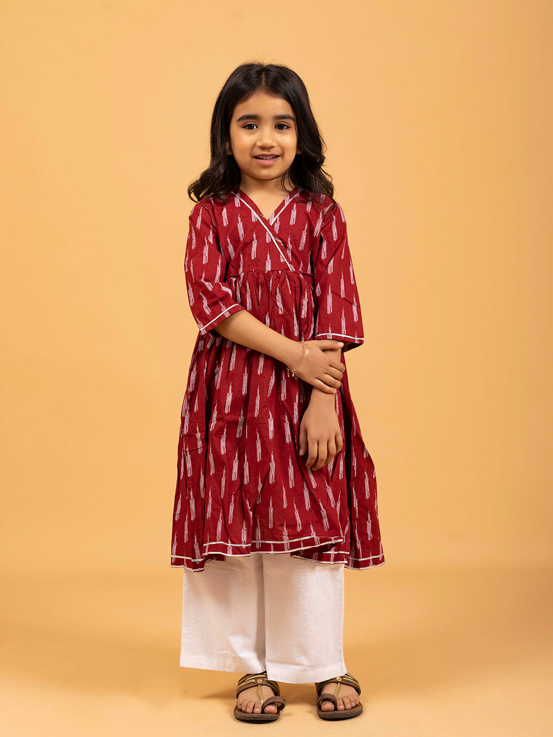 Kids Maroon Printed Cotton Angrakha Dress