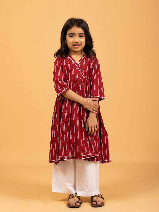 Kids Maroon Printed Cotton Angrakha Dress