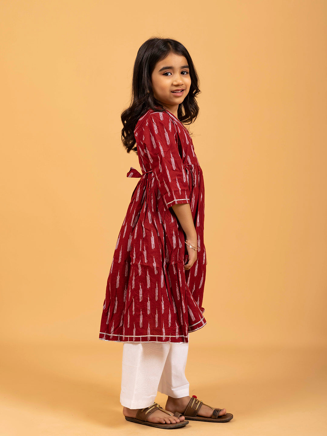 Kids Maroon Printed Cotton Angrakha Dress