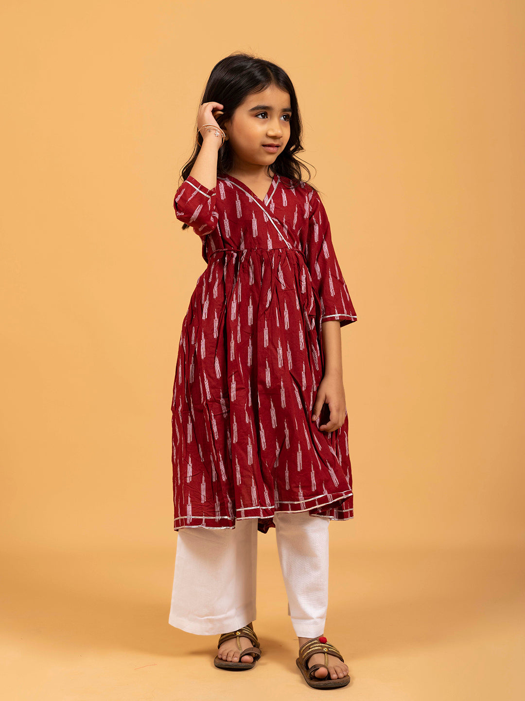 Kids Maroon Printed Cotton Angrakha Dress
