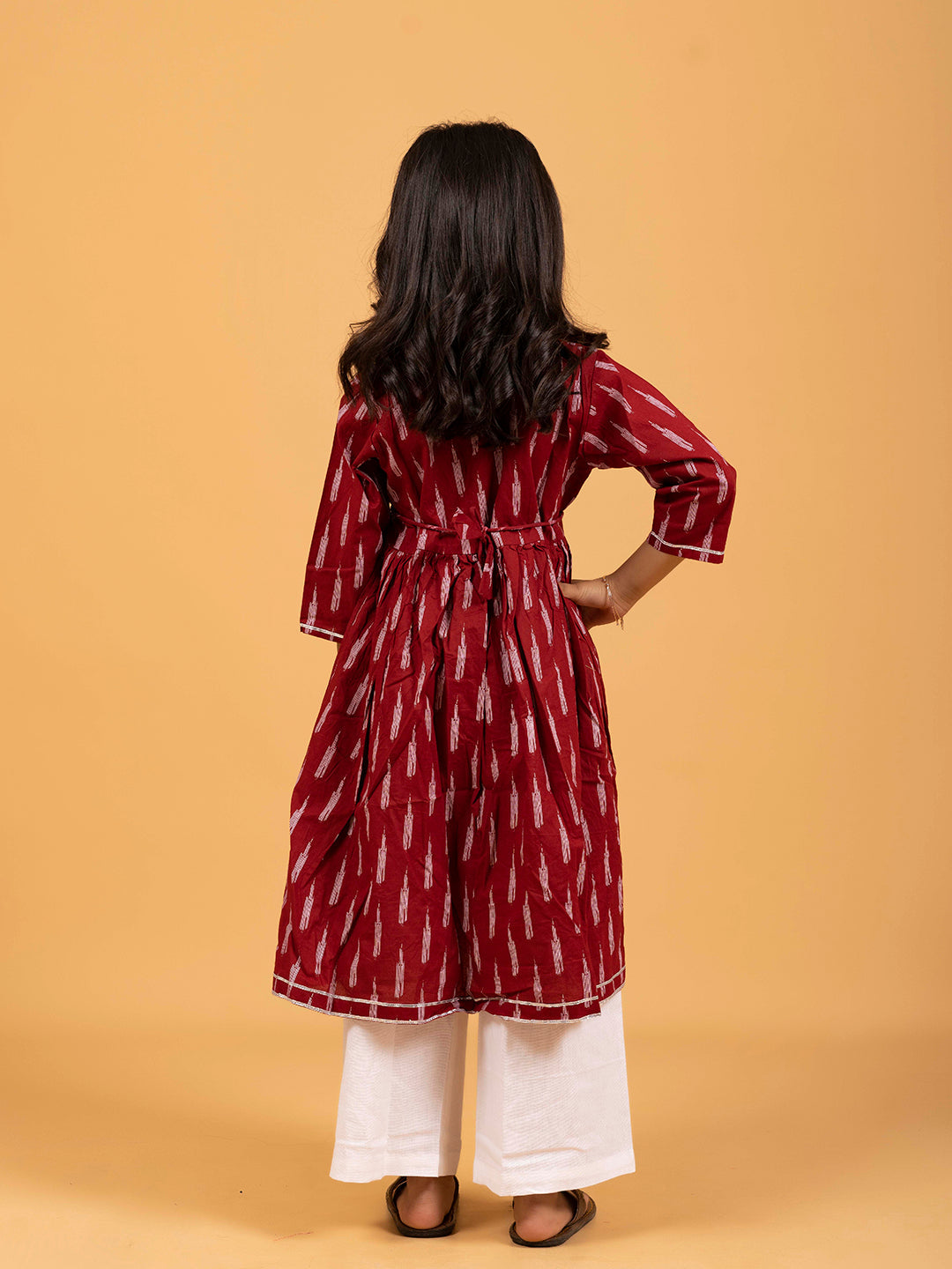 Kids Maroon Printed Cotton Angrakha Dress