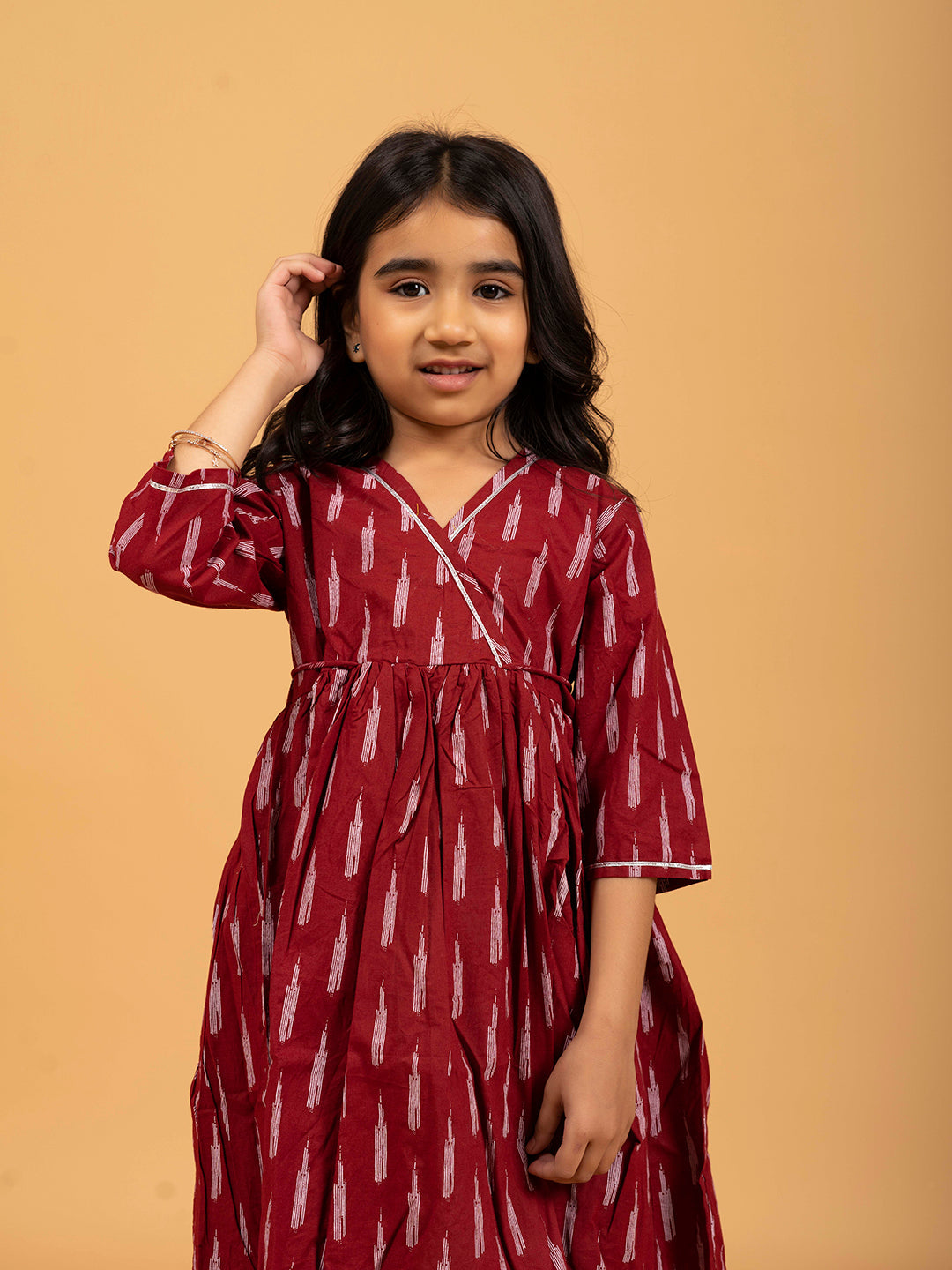 Kids Maroon Printed Cotton Angrakha Dress