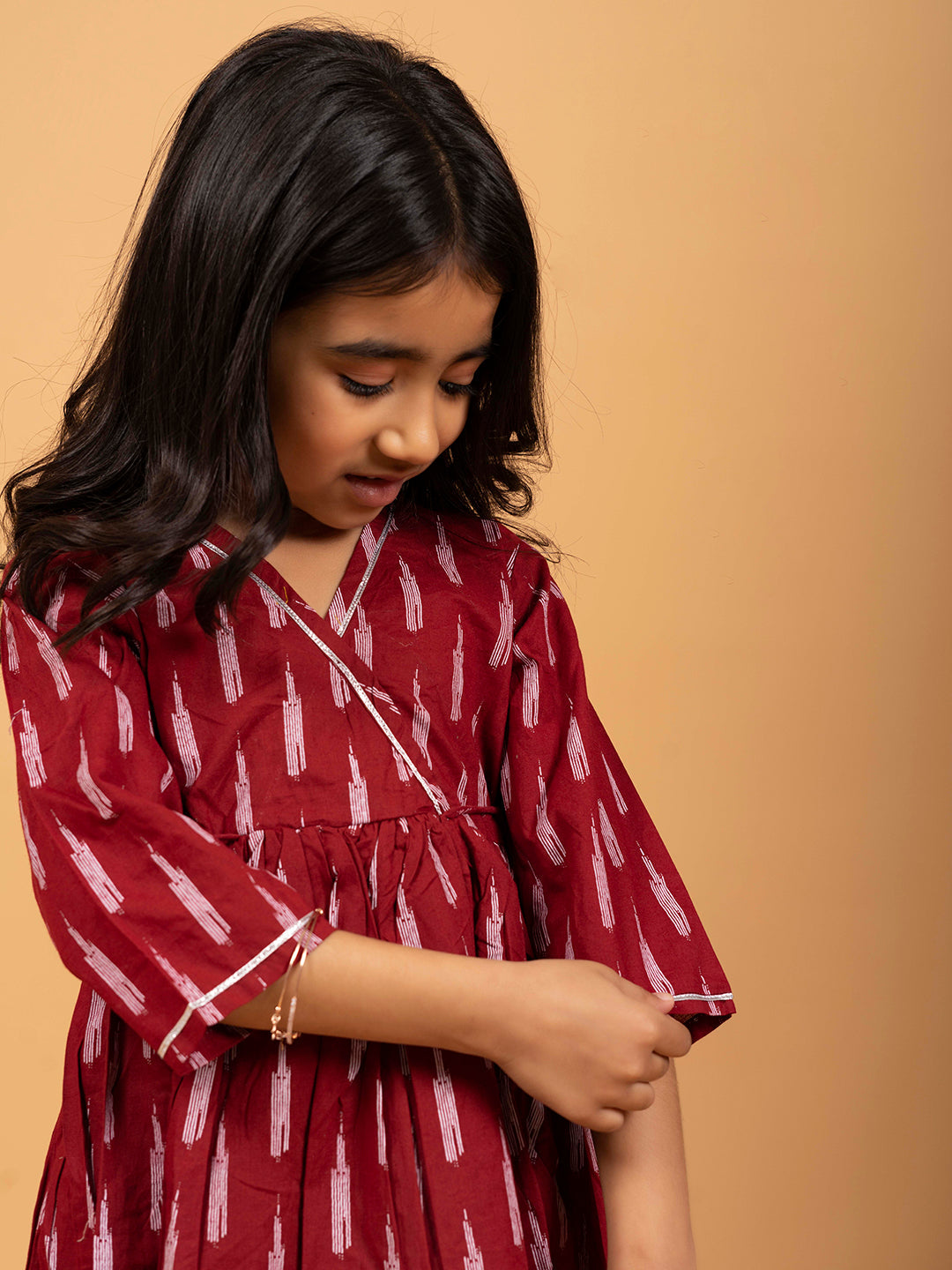 Kids Maroon Printed Cotton Angrakha Dress