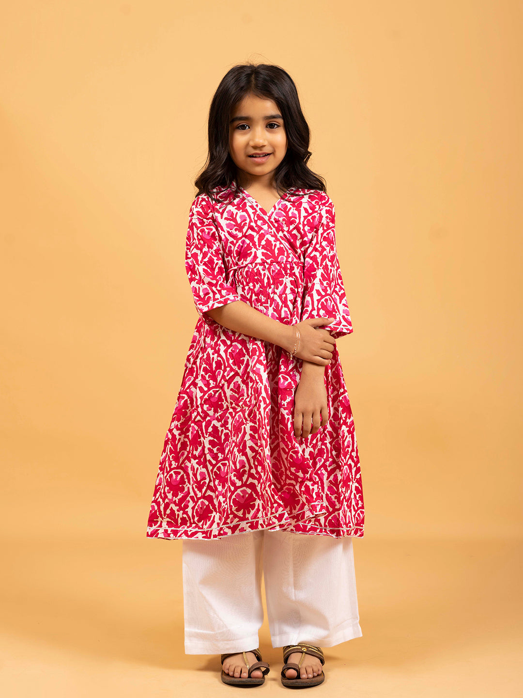 Kids Pink Printed Cotton Angrakha Dress