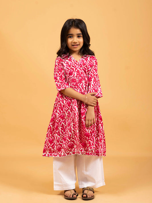 Kids Pink Printed Cotton Angrakha Dress