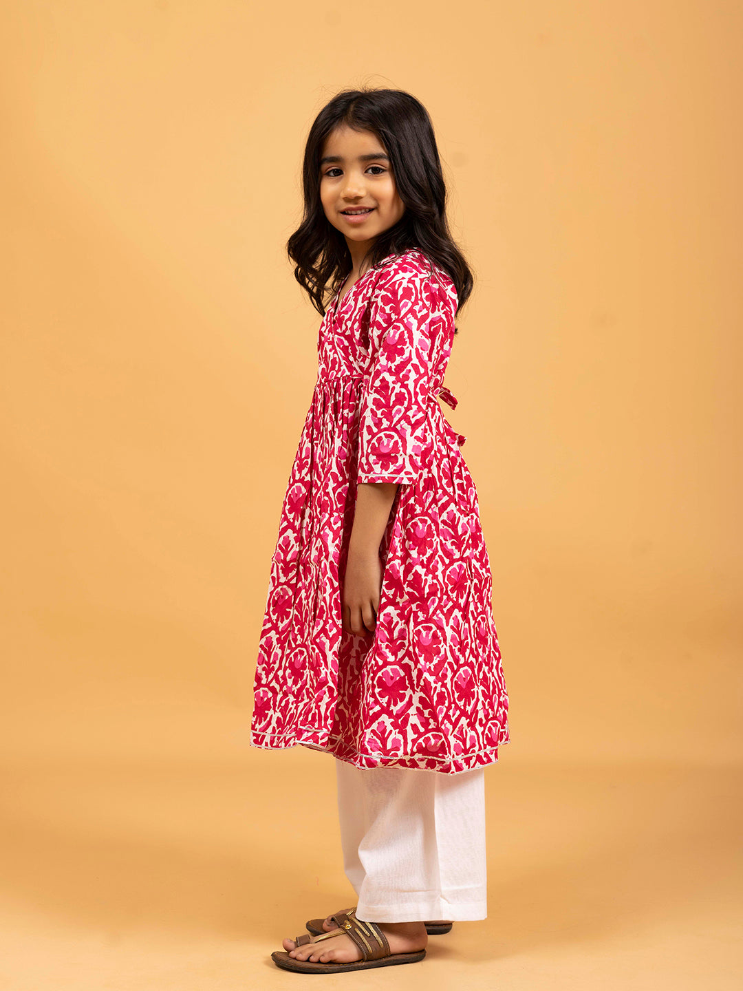 Kids Pink Printed Cotton Angrakha Dress