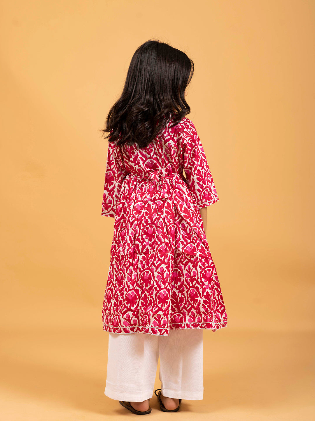Kids Pink Printed Cotton Angrakha Dress