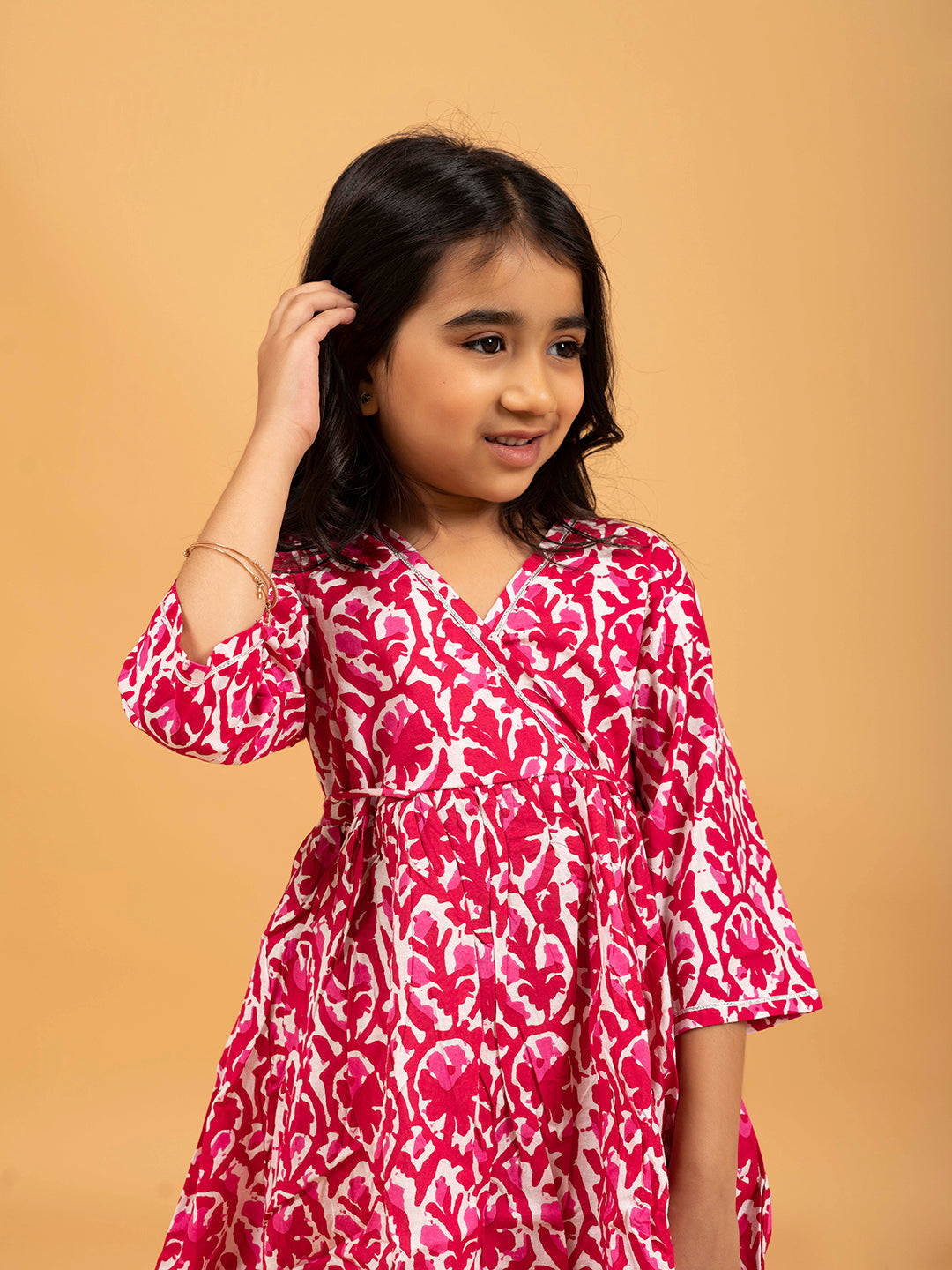 Kids Pink Printed Cotton Angrakha Dress