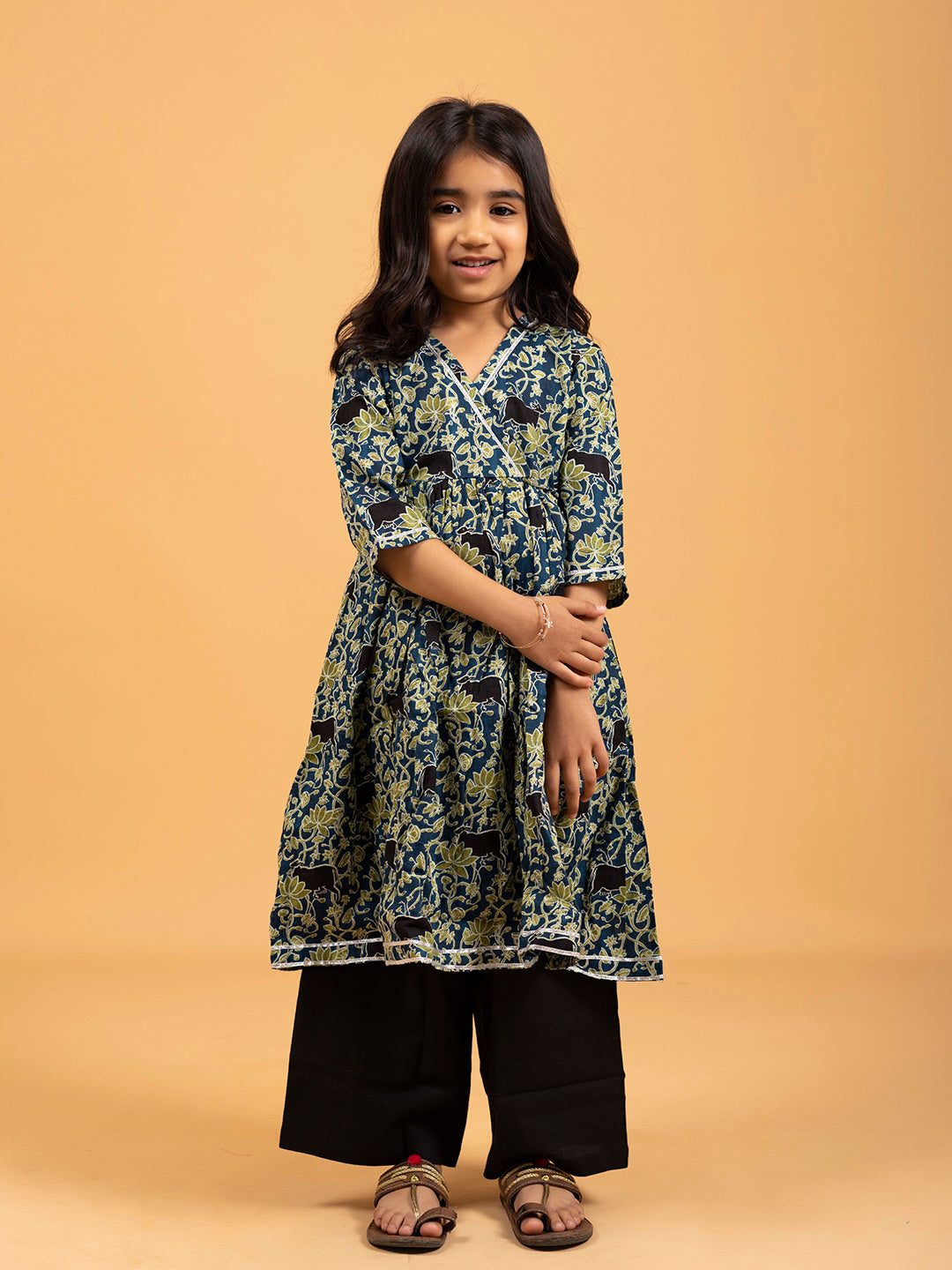 Kids Blue Kalamkari Printed Cotton Angrakha Dress