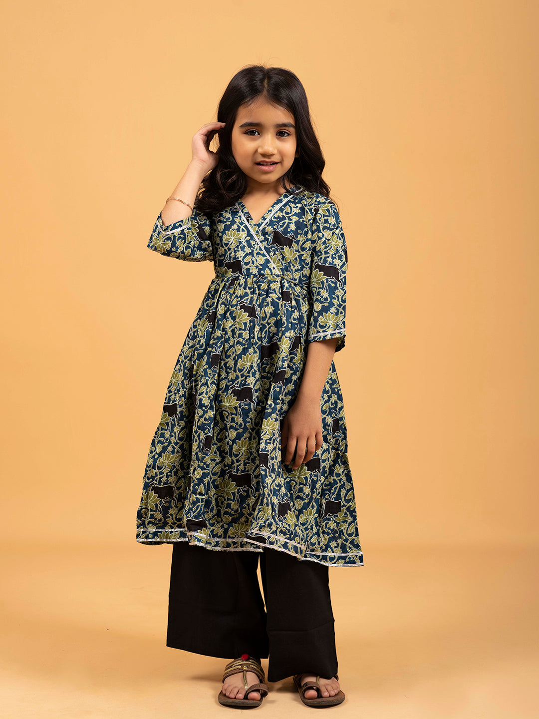 Kids Blue Kalamkari Printed Cotton Angrakha Dress