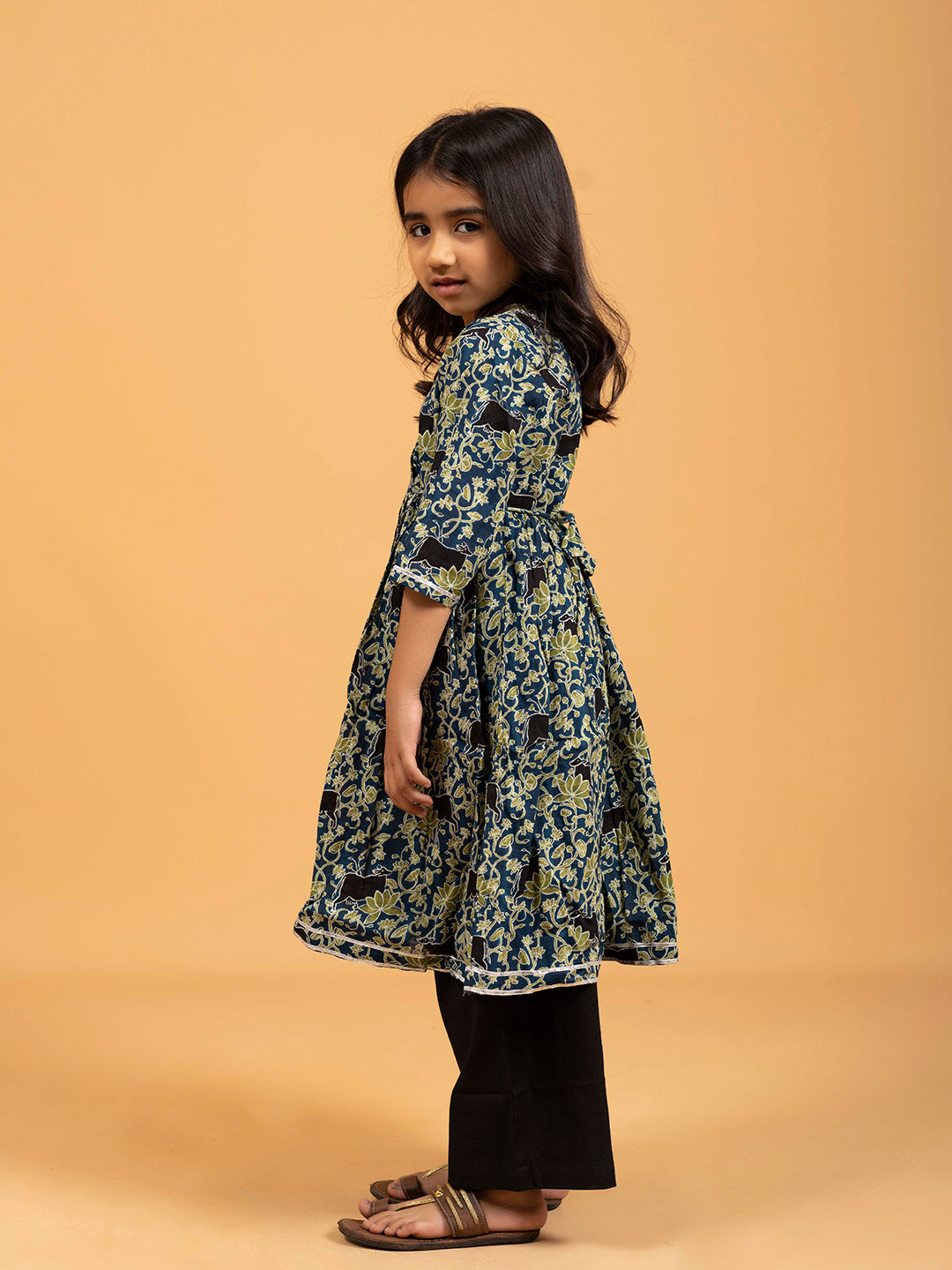 Kids Blue Kalamkari Printed Cotton Angrakha Dress