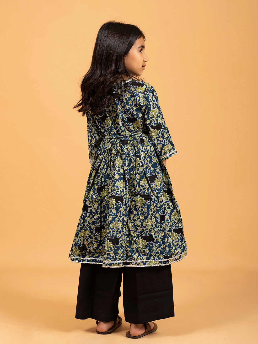 Kids Blue Kalamkari Printed Cotton Angrakha Dress