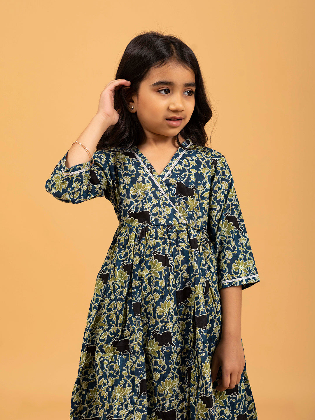 Kids Blue Kalamkari Printed Cotton Angrakha Dress