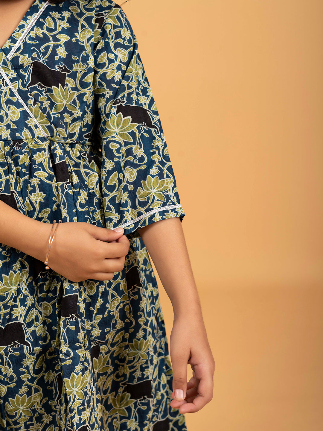 Kids Blue Kalamkari Printed Cotton Angrakha Dress