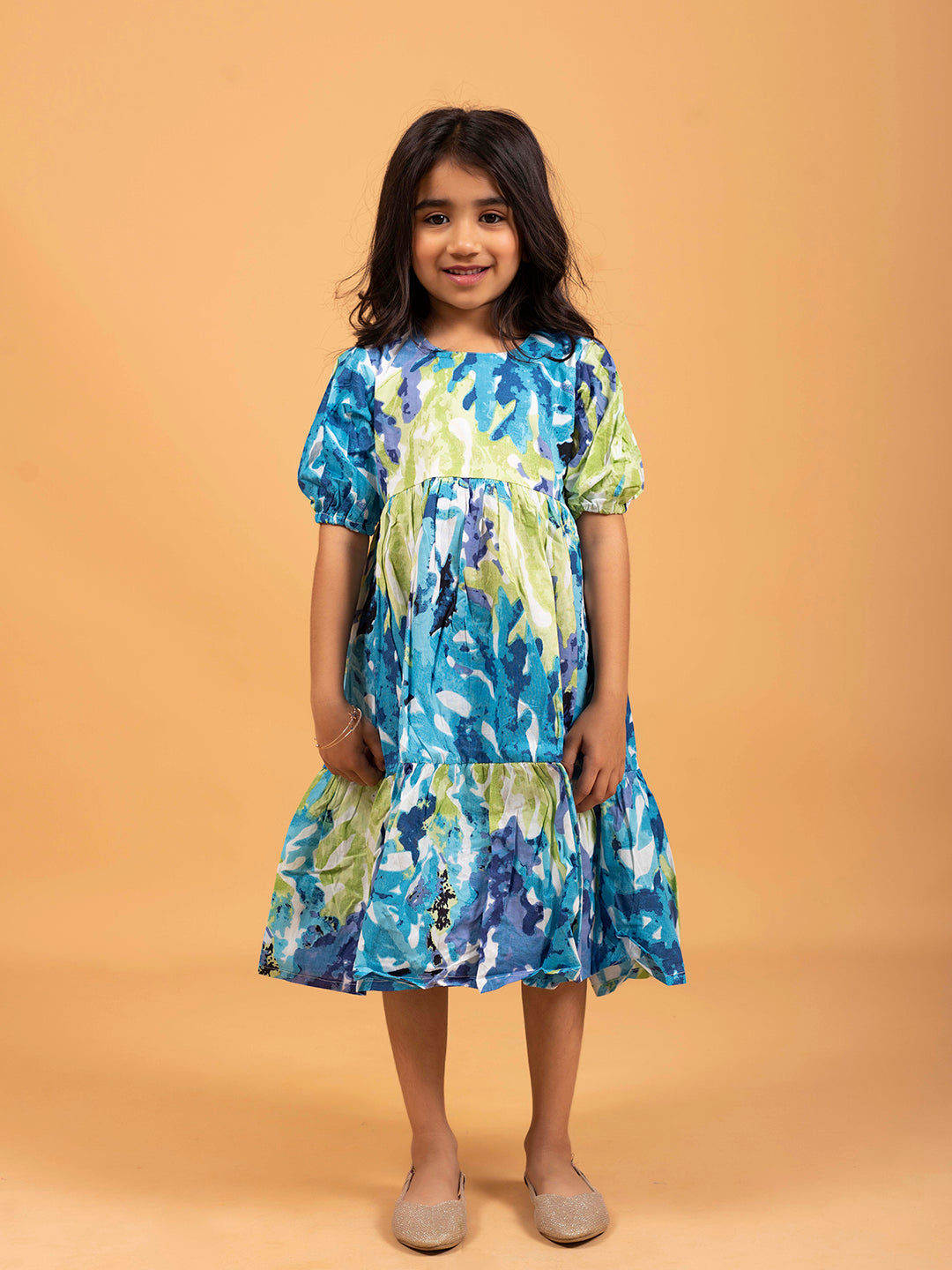Kids Green & Blue Abstract Print Half-Sleeve Dress