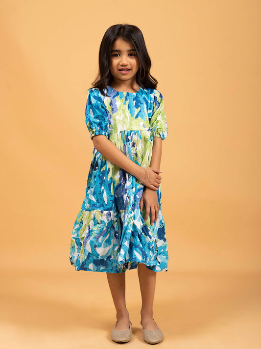 Kids Green & Blue Abstract Print Half-Sleeve Dress