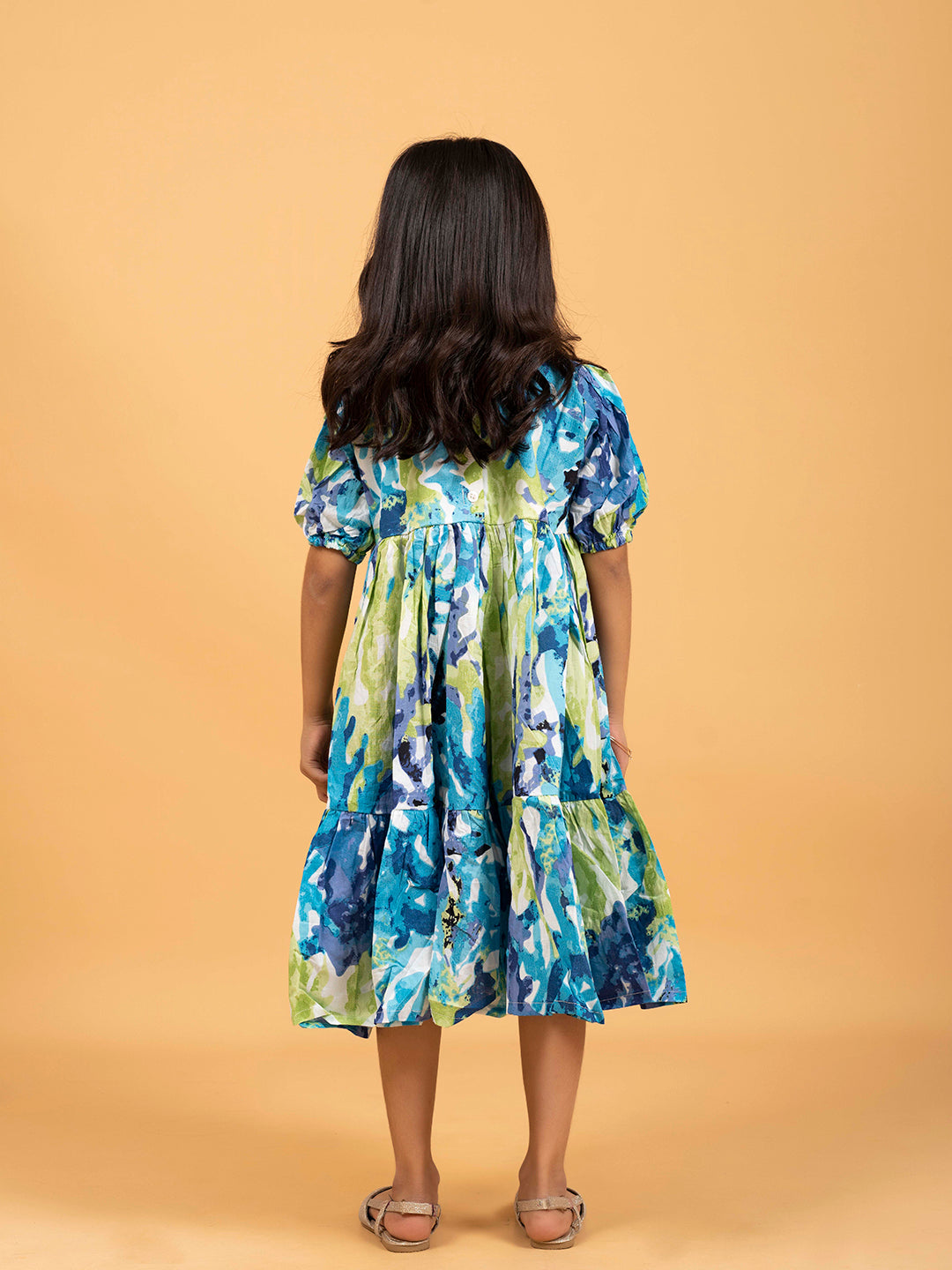 Kids Green & Blue Abstract Print Half-Sleeve Dress