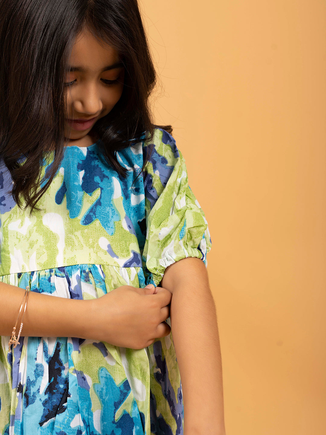 Kids Green & Blue Abstract Print Half-Sleeve Dress