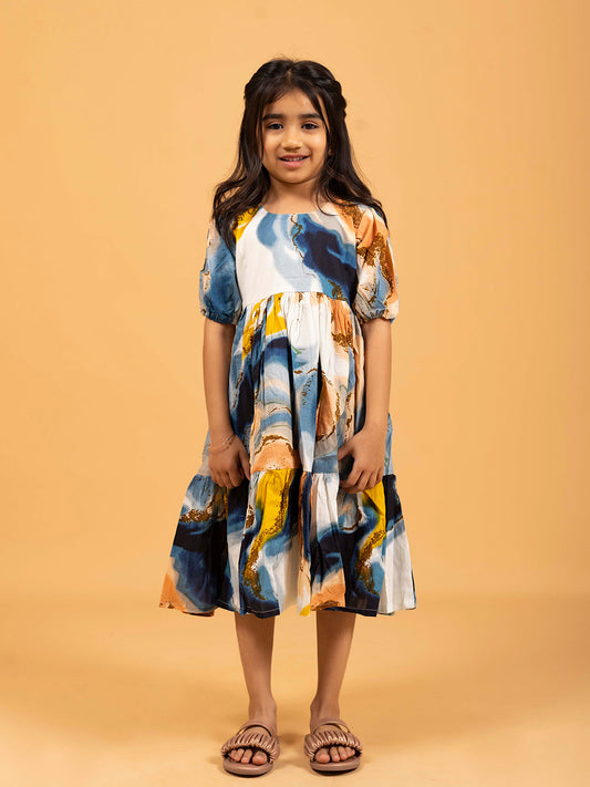 Kids Multicolor Abstract Print Half-Sleeve Dress