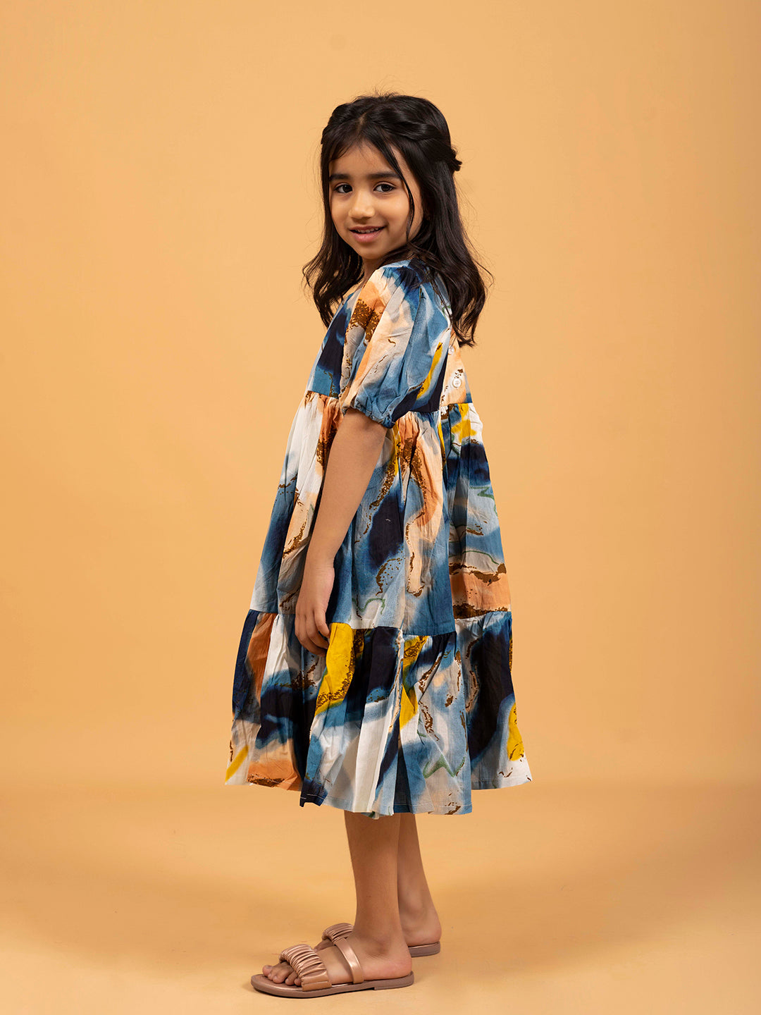Kids Multicolor Abstract Print Half-Sleeve Dress