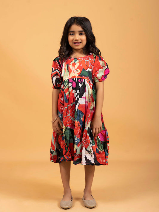 Kids Red & Black Multicolor Half-Sleeve Dress